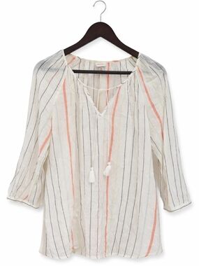 Merona Cream Orange Striped Sheer Bohemian Cotton Peasant Tassel Blouse Sz Med